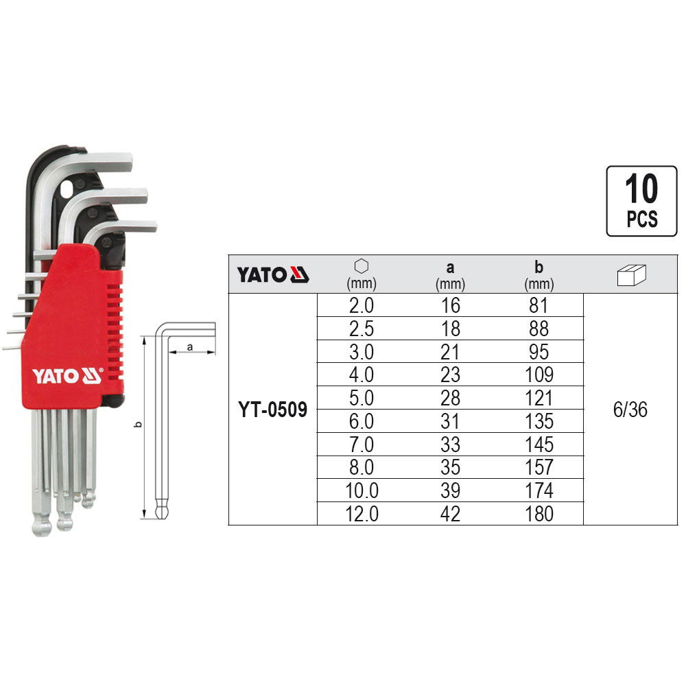 YATO 10 részes imbuszkulcskészlet gömbvégű 2-12 mm CrV 6150 termék fő termékképe
