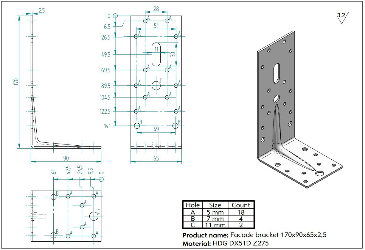 KO D ZK 170*90*65 mm erősített sarokösszekötő lv:2,5 mm termék fő termékképe