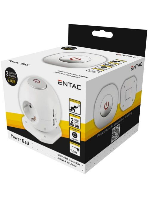 Entac Gömbelosztó 3 Foglalat  2*2,1A USB, Kapcsolóval 1,5m termék fő termékképe