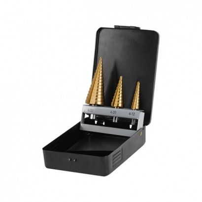EXTOL Lépcsős Fémfúró Készlet 3 db (4-12 mm/1mm Lépcsők 4-20mm/2mm 4-32mm/2mm) 10mm Befogadás max: 4 mm -ig  TIN Bevonat termék fő termékképe