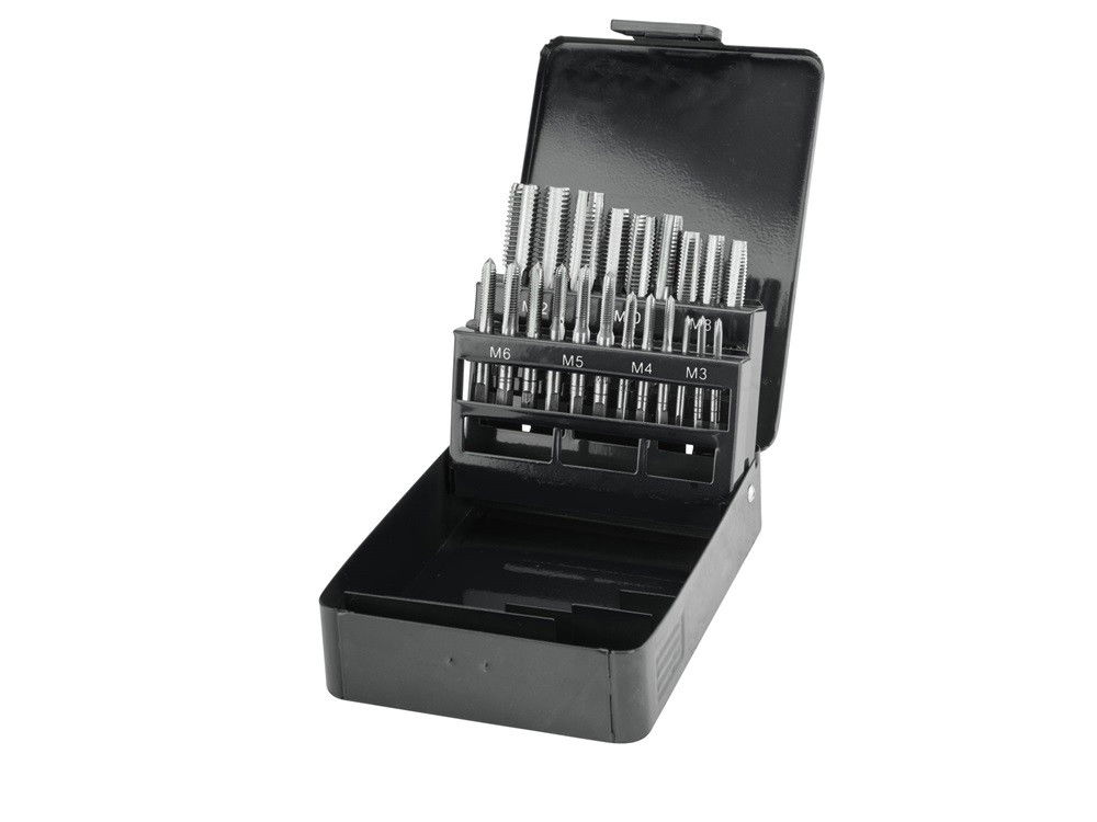 Menetfúró klt., kézi, fém dobozban; 21db, M3,4,5,6,8,10,12, jó minőségű szénacél termék fő termékképe