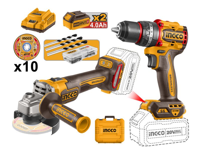 INGCO Akkus Erőcsomag 20 V Ütvefúró-Csavarozó 66 Nm+Sarokcsiszoló 115 mm (2 db akku + töltő) termék fő termékképe