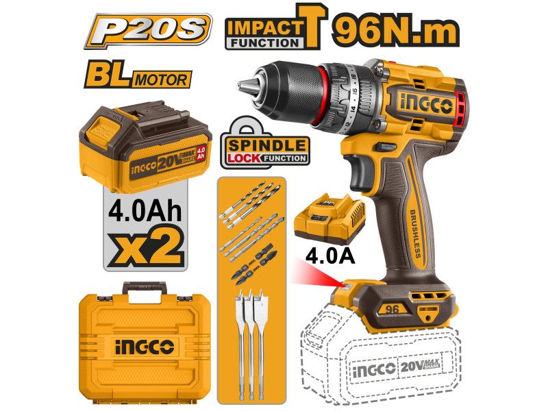 Ingco Akkus Ütvefúró- Csavarbehajtó 96 Nm Szénkefe Nélküli 20 V Szett (2*4,0 Ah Li-ion Akku + Töltő + Fúró, és Bit Készlet) termék fő termékképe