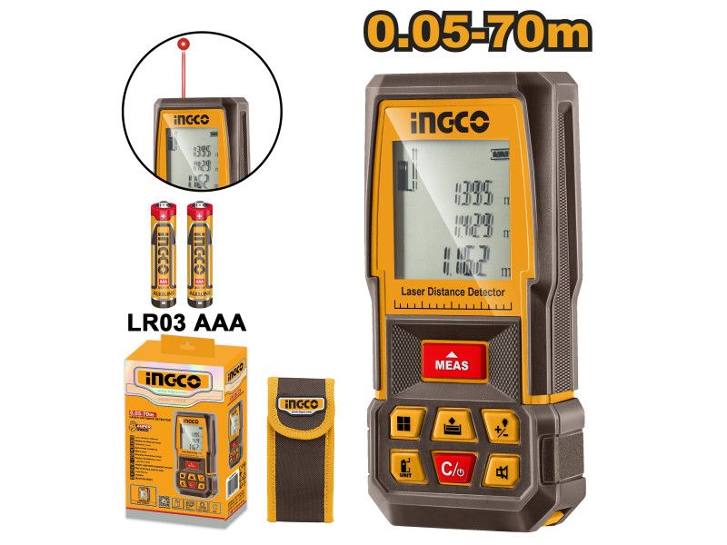 Ingco Lézeres Távolságmérő 0,05-70 m + Vászontok + 2 db LR03 AAA Elem termék fő termékképe