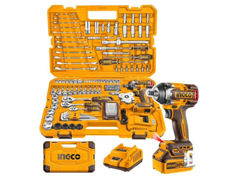 Ingco Akkus Ütvecsavarozó 500 Nm Szénkefe Nélkül 20V  (1*4,0 Ah Akku + Töltő)  + Kézi Behajtó Szerszám Készlet 149 Részes Műanyag Kofferben termék fő termékképe