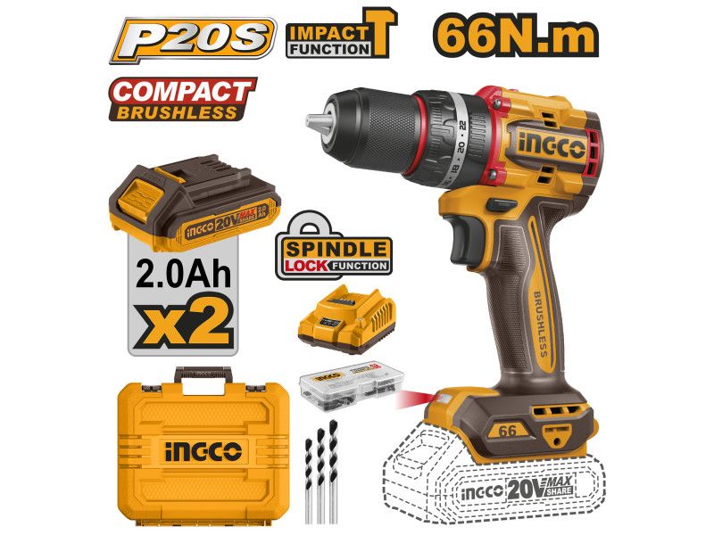 iNGCO Akkus Ütvefúró- Csavarozó 66 Nm Szénkefe Nélkül 20 V + 2 x 2,0 Ah Akku + Töltő Műanyag Kofferben termék fő termékképe