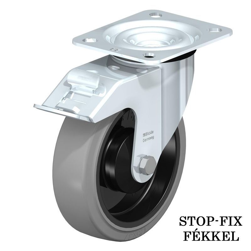 Blickle Kerék 125 mm Acéllemez Forgó Fékes Talpas Nagy Teherbírású Easy Roll Szürke Elasztikus Tömör Gumi termék fő termékképe