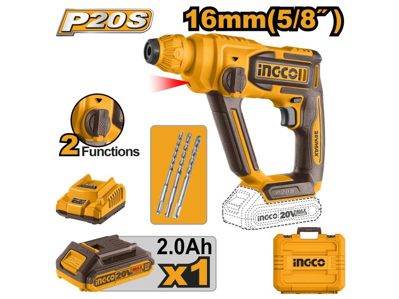 INGCO Akkus ütvefúró 1,5 J SDS-Plus szénkefe nélküli 20 V (1 x 2,0 Ah akku + töltő) termék fő termékképe