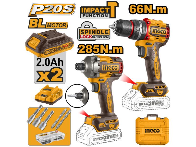 INGCO Akkus erőcsomag 20 V Ütvefúró-csavarozó 66 Nm+Ütvecsavarozó 1/4" 285 Nm (2 db akku + töltő) termék fő termékképe