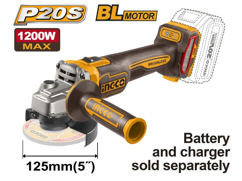 INGCO Akkus sarokcsiszoló 125 mm szénkefe nélküli 20 V (akku és töltő nélkül) termék fő termékképe