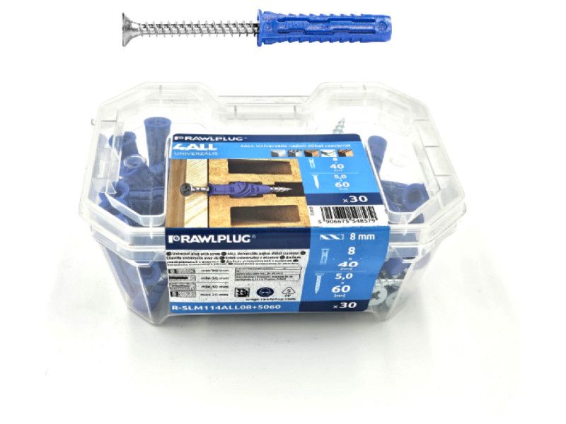 RAWLPLUG R-SLM114ALL08+5060   4ALL Nagyteljesítményű Nylon Dübel 8*40 mm + SF Pozdorja Csavar 5*60 mm 30 db/Csomag Műanyag Dobozban termék fő termékképe