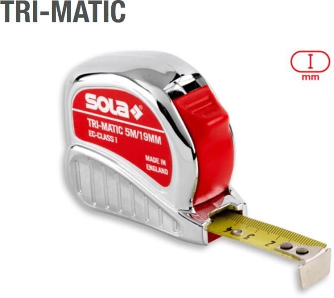 SOLA Mérőszalag 5 m * 19 mm/mm Krómozott Műanyag Házzal, Acél, I.p., Tri-Matic Sárga termék fő termékképe