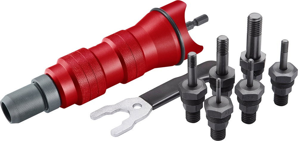 Fortum Adapter klt. fúrógéphez, POP-NUT szegecsanyákhoz, 6 db, M3-M4-M5-M6-M8; 1/4" hatszög befogás, FORTUM termék fő termékképe