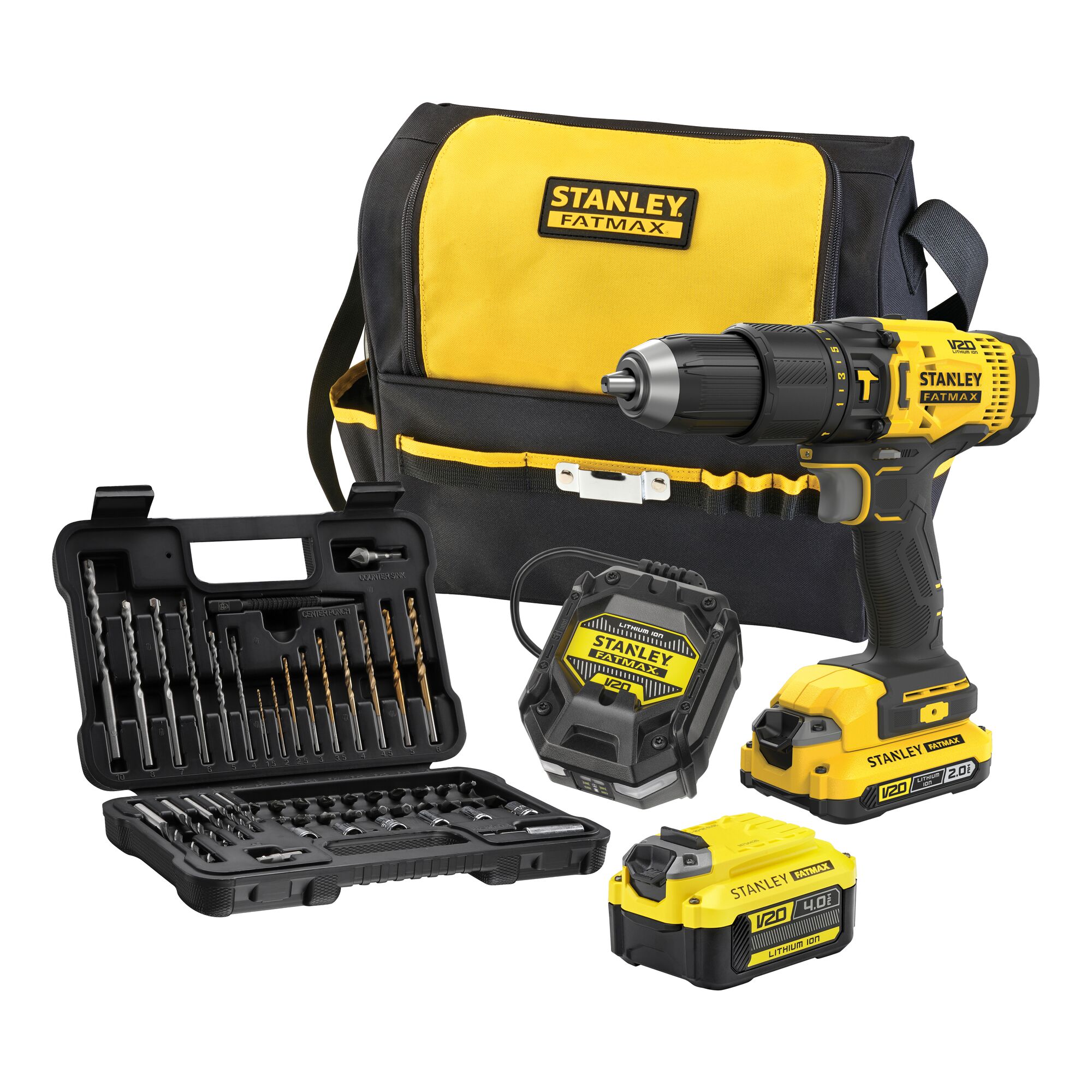 Stanley SFMCD711DMA FATMAX® V20 akkus ütvefúró-csavarozó (1 x 2.0 Ah és 1 x 4.0 Ah Li-ion akkuval, szerszámtáskában) + 50 darabos tartozék készlet termék fő termékképe