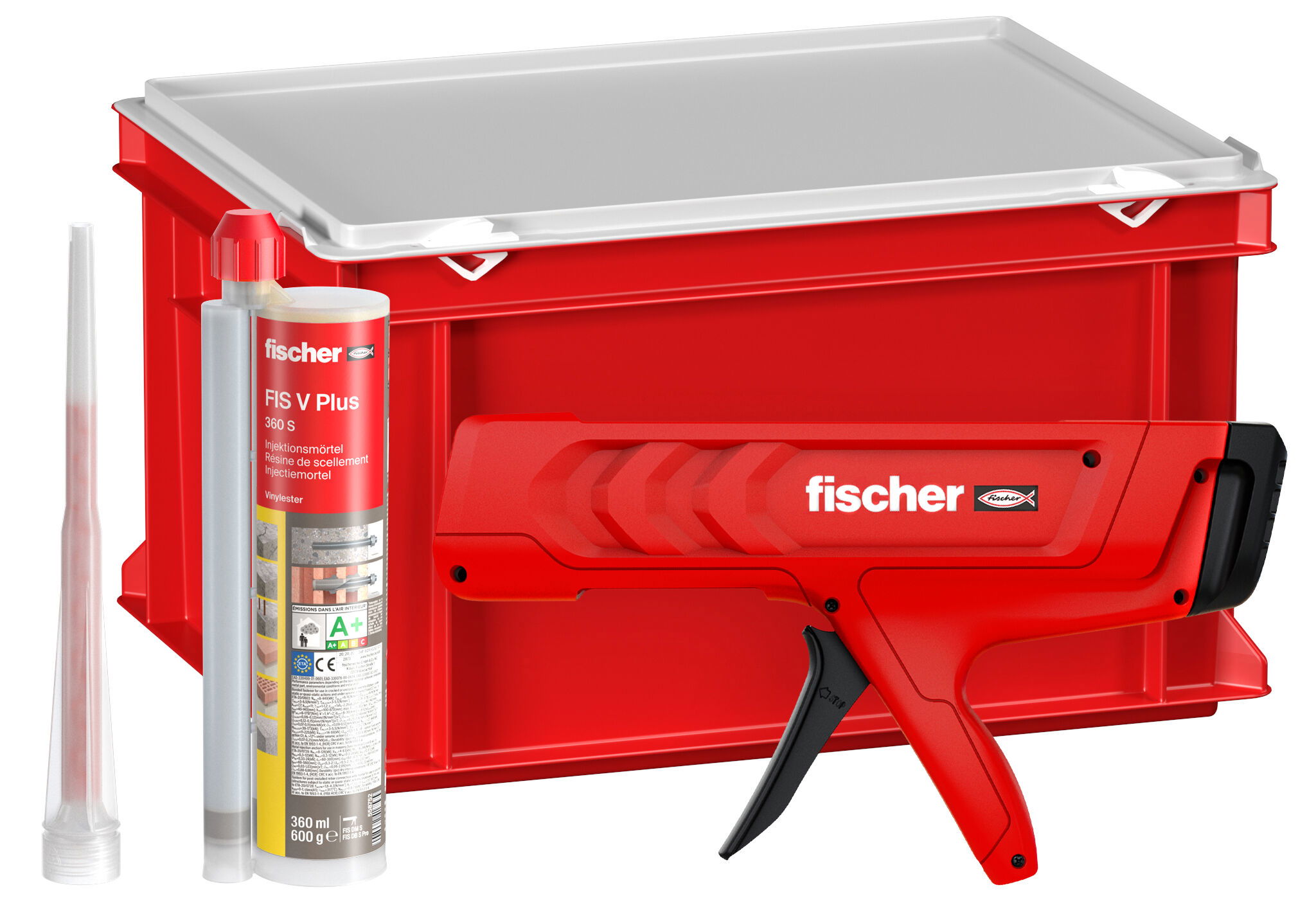 Fischer FIS V Plus 360 S HWK G 12 flakon injektáló ragasztó, 360 ml + 24 db FIS MR Plus keverőszár + FIS DM S kinyomópisztoly műanyag dobozban termék fő termékképe